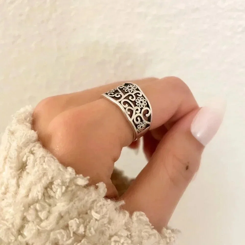 925 Sterling Silver Flower Ring Flower Cutout Ring Vintage Floral Ring Resizable
